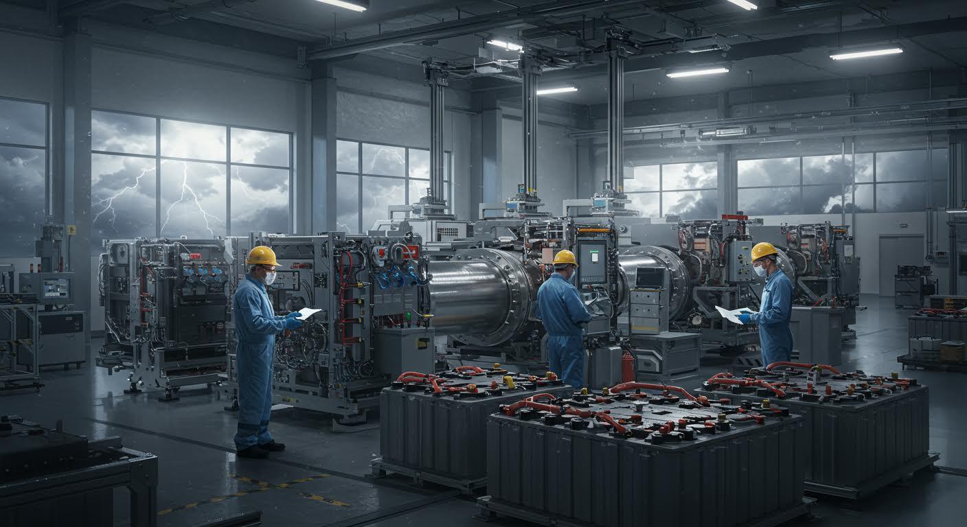 Ingénieurs en tenue de protection inspectant des composants de batteries dans une usine moderne, sous un ciel orageux.