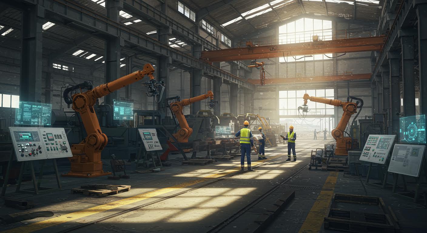 Usine avec robots industriels et opérateurs analysant des données sur écrans.