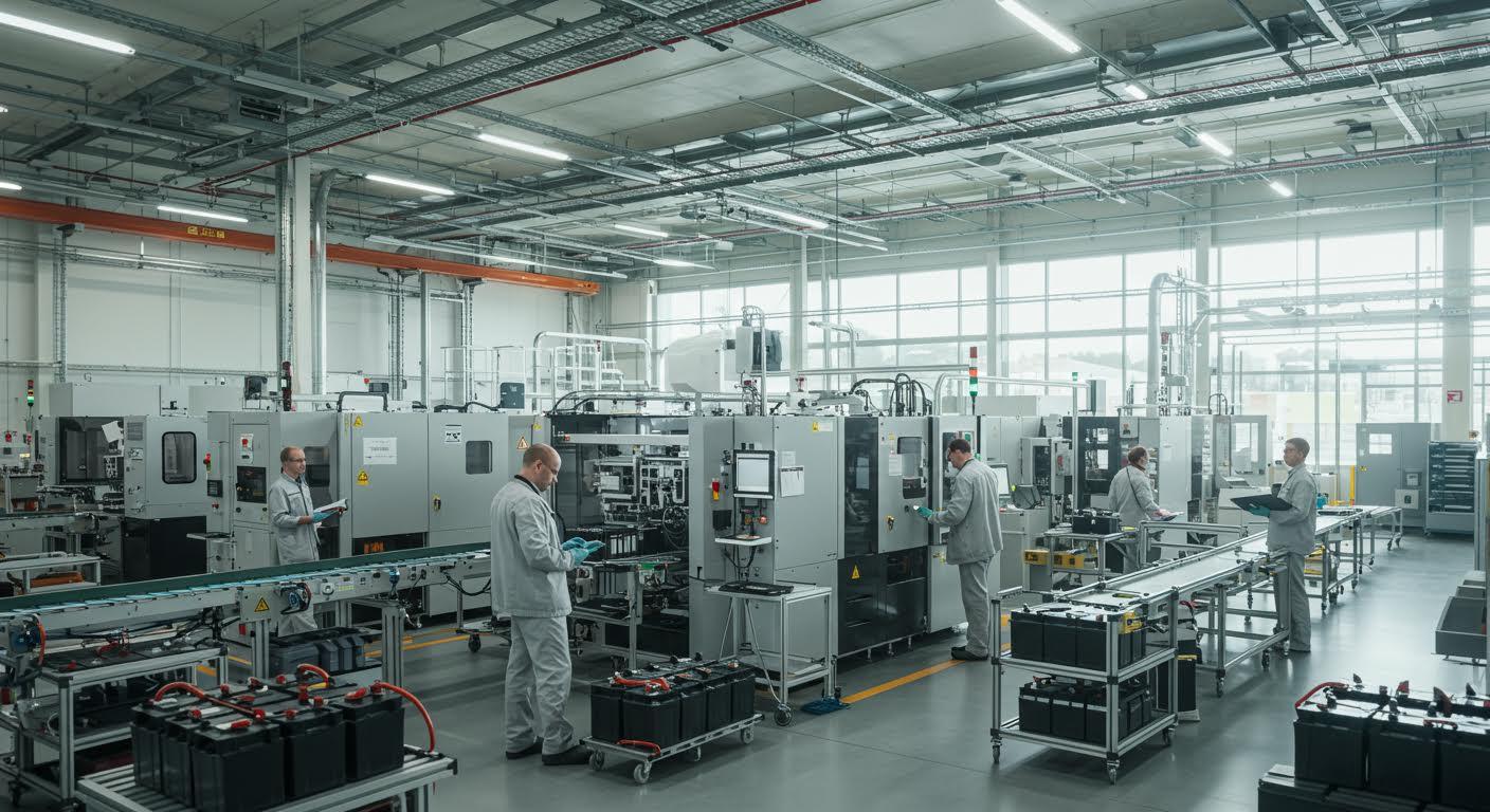 Vue intérieure d'une usine de production de batteries moderne avec des employés travaillant.