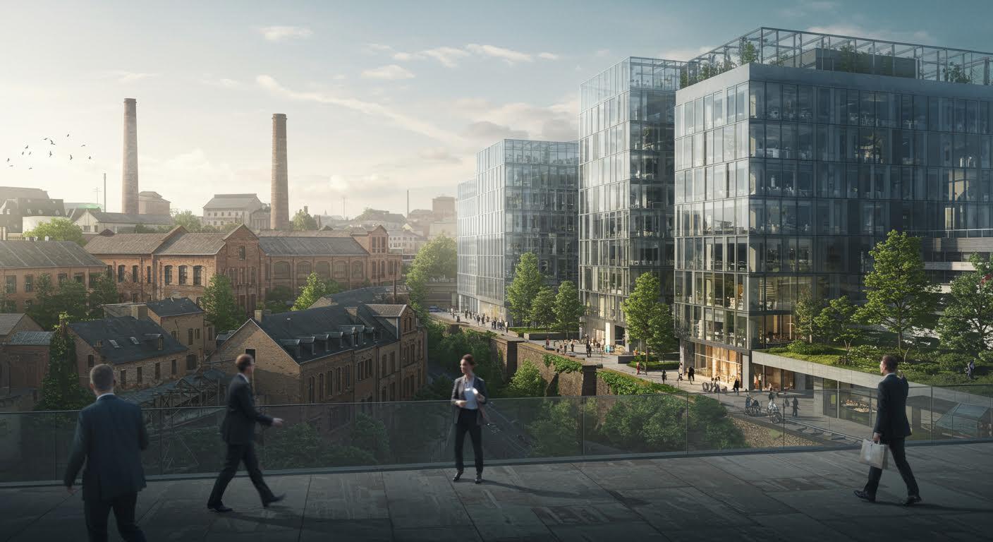 Ville moderne intégrant des bâtiments en verre avec des architectures historiques en arrière-plan.