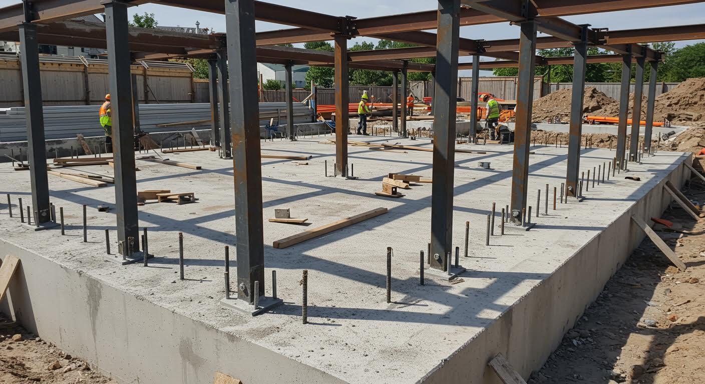 Fondation en béton avec poteaux d'acier alignés et montage de poutres en arrière-plan.
