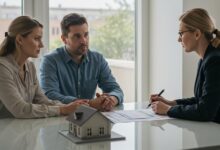 Couple en consultation avec une conseillère pour un achat immobilier, maquette de maison sur la table.