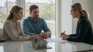 Couple en consultation avec une conseillère pour un achat immobilier, maquette de maison sur la table.