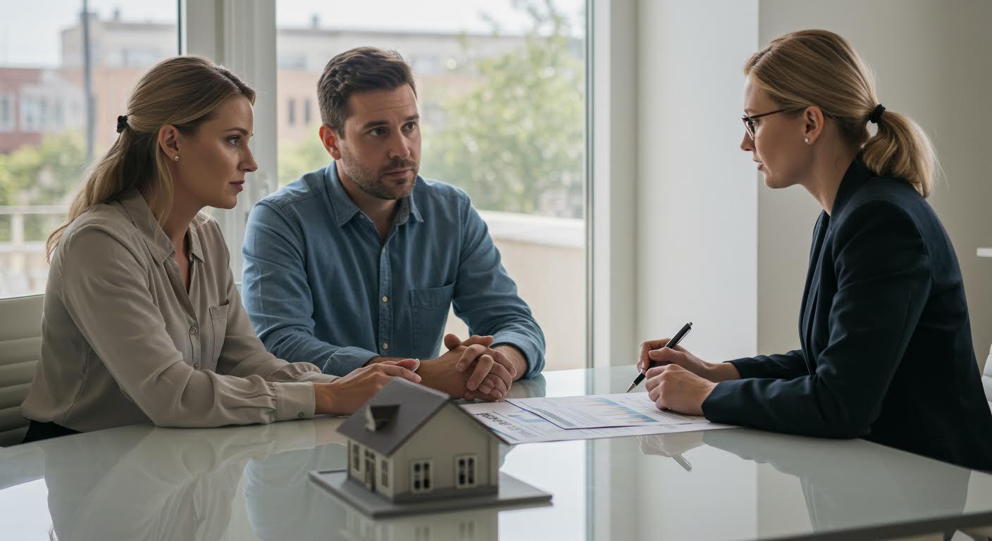 Couple en consultation avec une conseillère pour un achat immobilier, maquette de maison sur la table.
