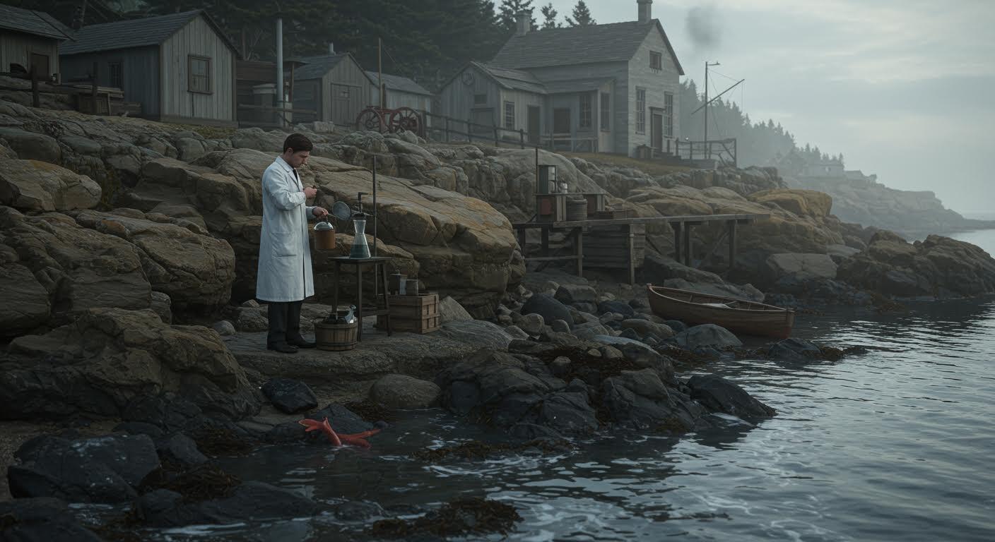 Scientifique en tenue d'époque collectant de l'eau de mer près d'un laboratoire côtier vintage.