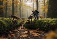 Personne examinant attentivement des champignons en forme d'entonnoir dans une forêt automnale.