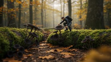 Personne examinant attentivement des champignons en forme d'entonnoir dans une forêt automnale.