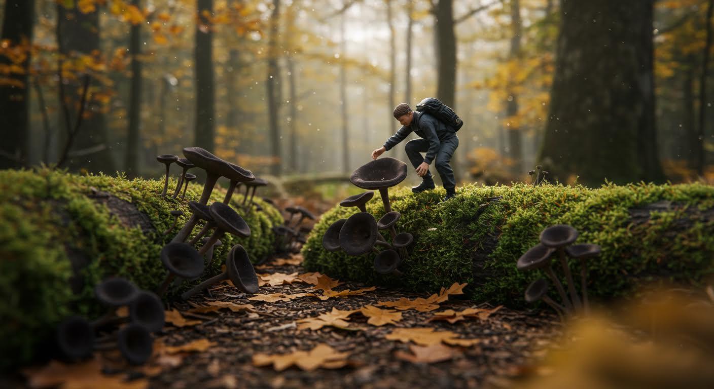 Personne examinant attentivement des champignons en forme d'entonnoir dans une forêt automnale.
