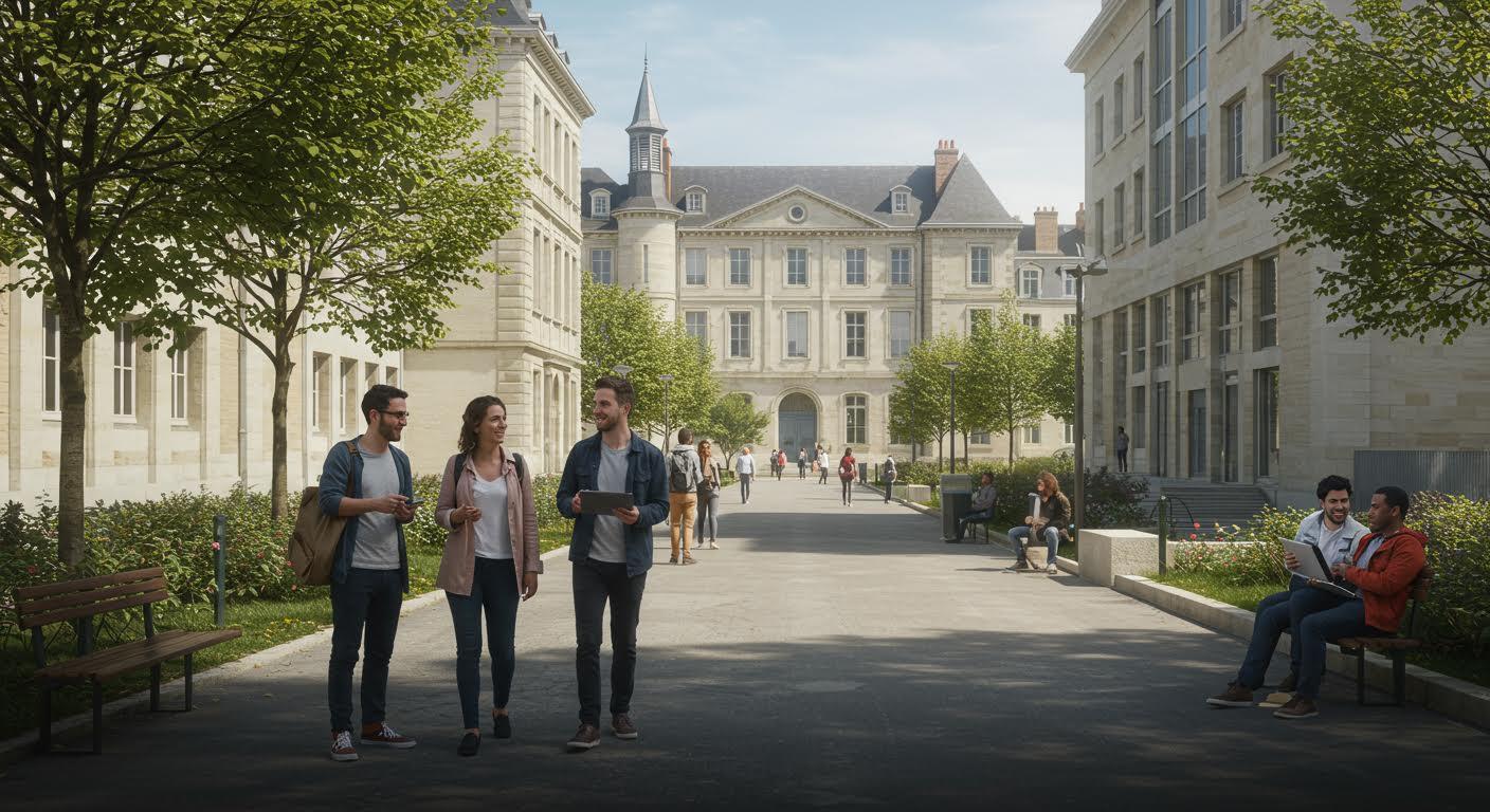 Étudiants adultes discutant sur un campus avec tablette, architecture mixte en arrière-plan.