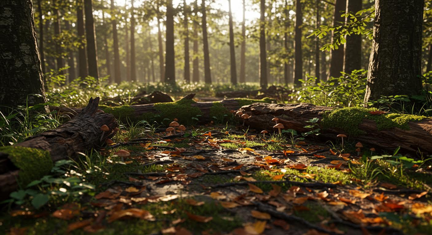 Sous-bois humide avec mousse, feuilles tombées et bois pourri, éclairé par un soleil tamisé.