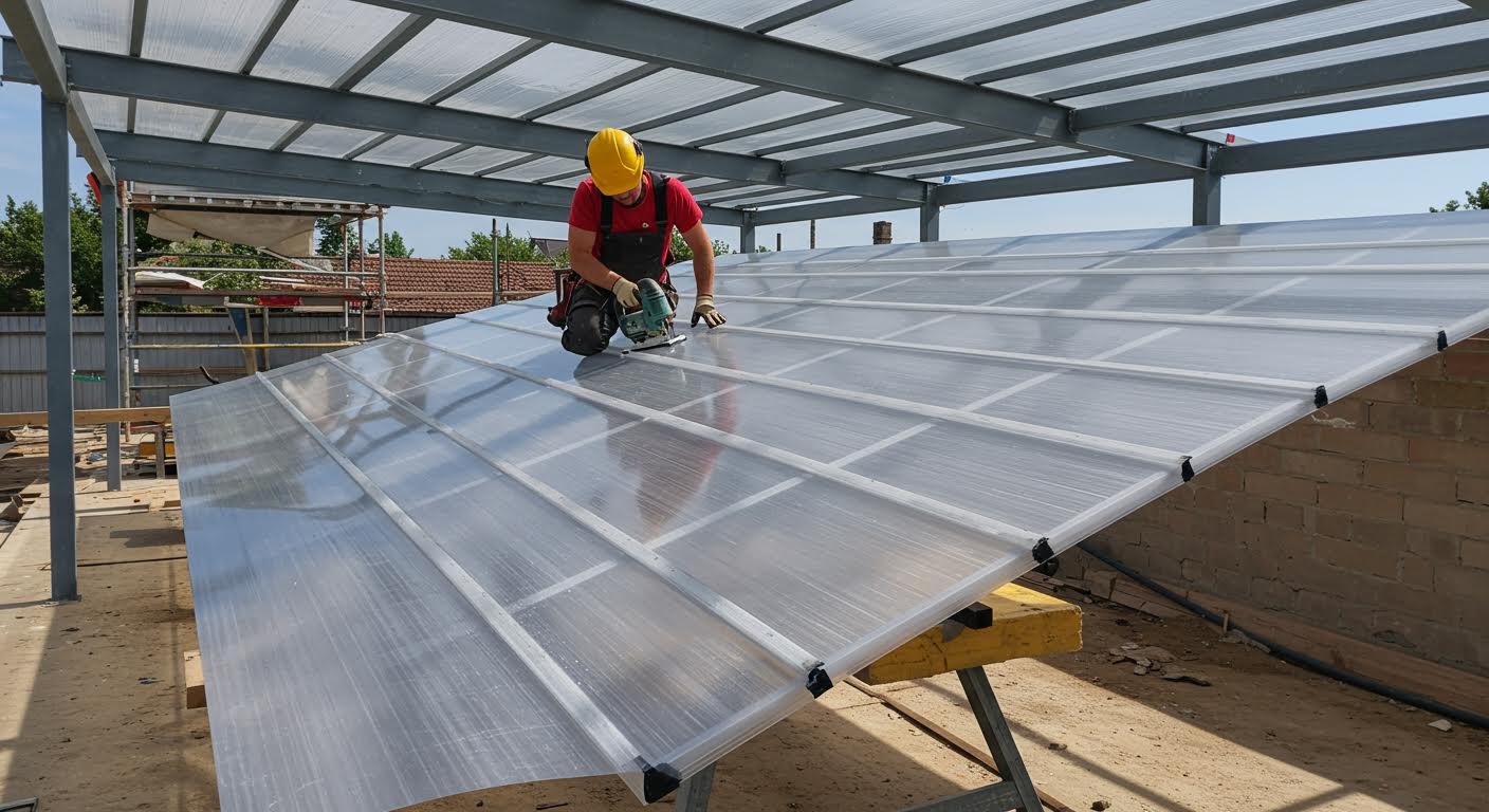 Ouvrier habillé en équipement de sécurité installant des panneaux de polycarbonate sur un carport