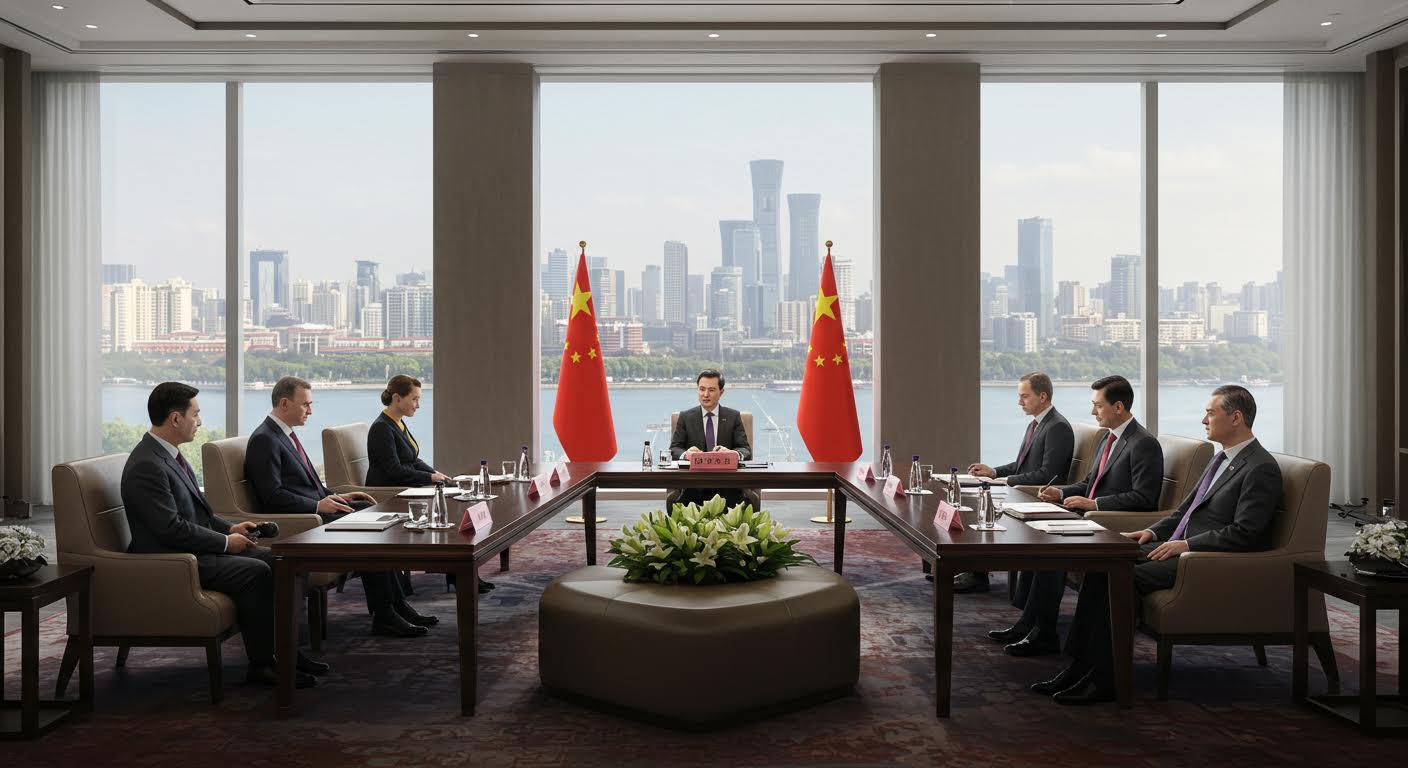 Réunion officielle avec huit hommes d'affaires autour d'une table, vue sur l'horizon urbain.