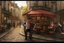 Accordéoniste jouant dans une rue animée de Paris entouré de cafés et de passants.