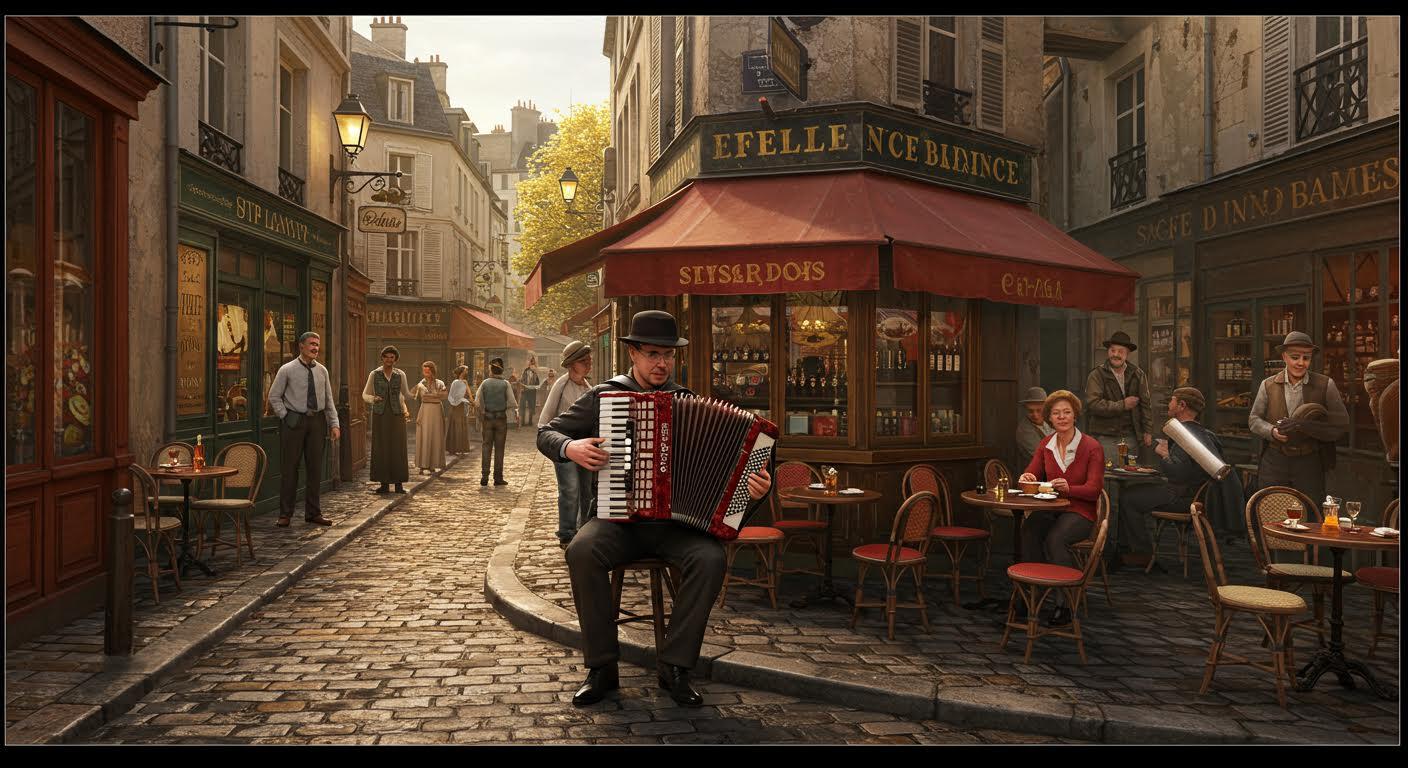 Accordéoniste jouant dans une rue animée de Paris entouré de cafés et de passants.