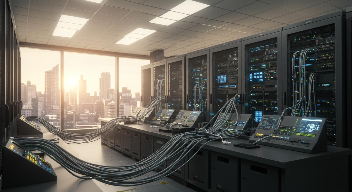 Salle de contrôle futuriste avec serveurs métalliques et vue sur ville moderne