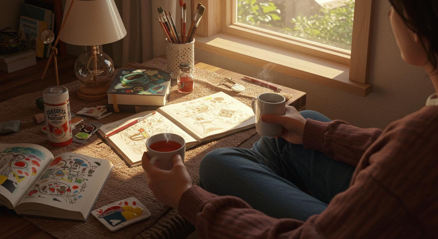 Personne assise dans un salon éclairé naturellement, entourée de fournitures d'art, un livre ouvert et une tasse de thé fumante.