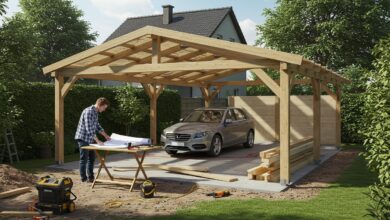 Propriétaire examinant des plans et outils pour un carport en construction dans un jardin ensoleillé.