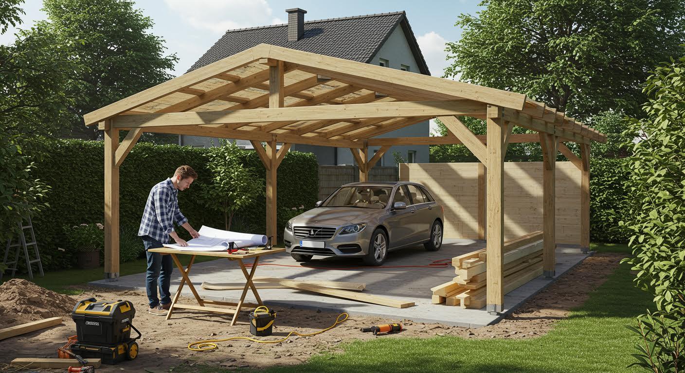 Propriétaire examinant des plans et outils pour un carport en construction dans un jardin ensoleillé.
