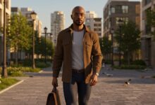 Homme chauve élégant se promenant dans un quartier urbain moderne au coucher du soleil.