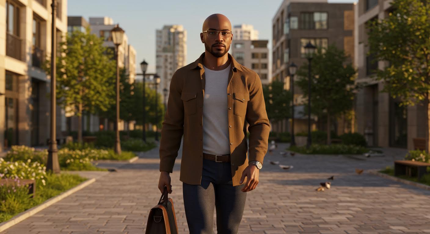 Homme chauve élégant se promenant dans un quartier urbain moderne au coucher du soleil.