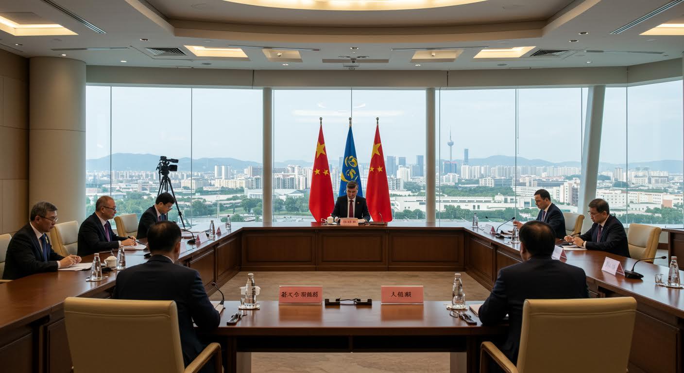 Réunion officielle entre délégations asiatique et européenne dans une salle avec vue sur la ville.