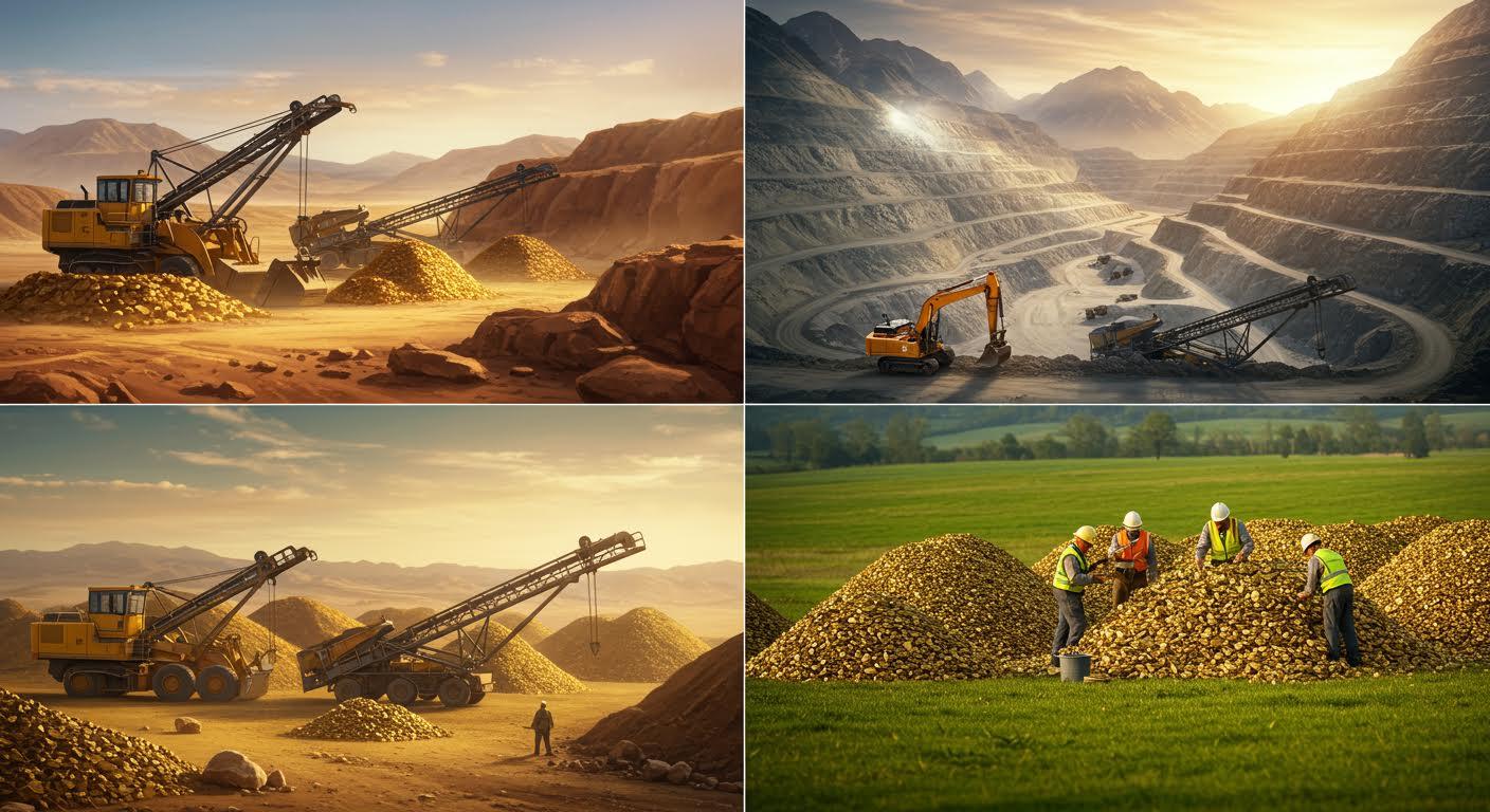Trois sites d'extraction d'or en activité dans un désert, en montagne et en zone rurale, éclairés par le soleil.