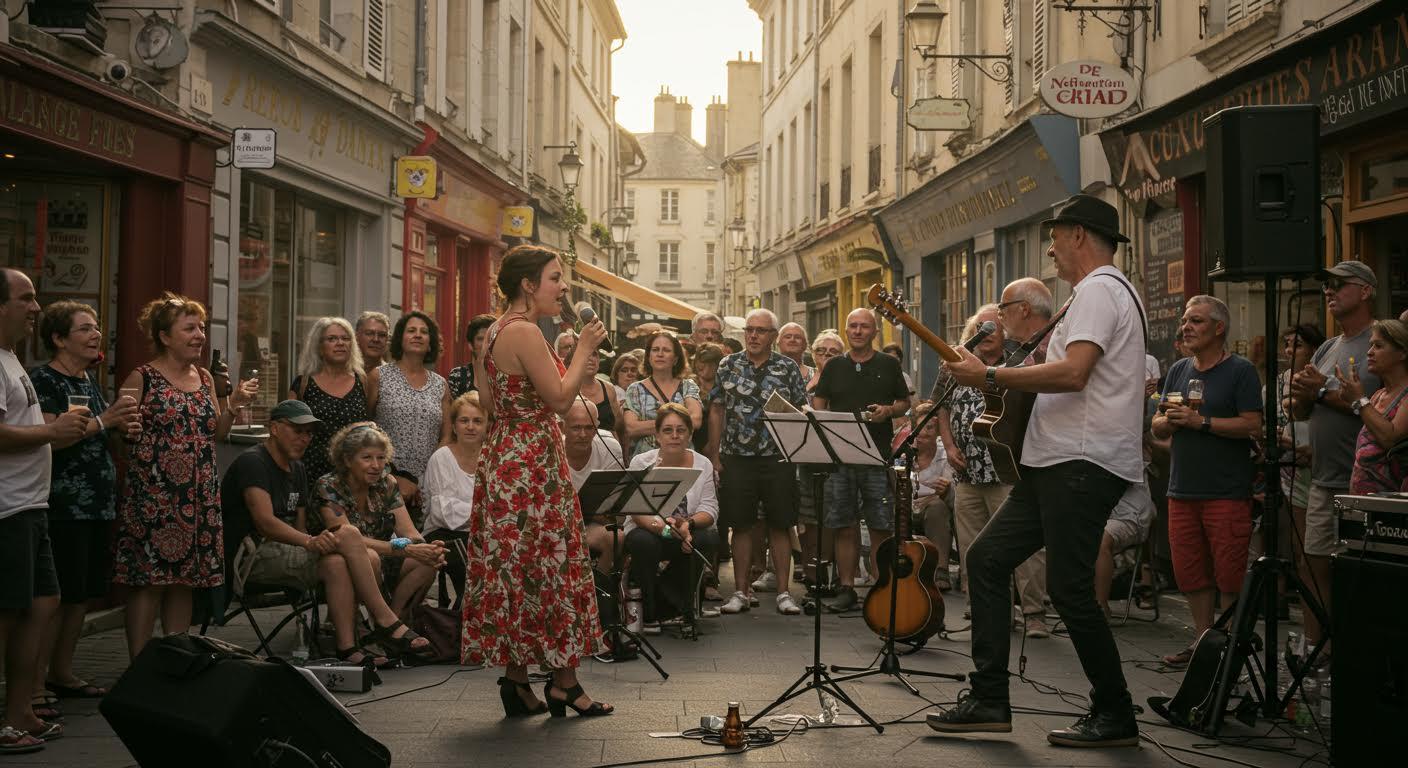 Concert en plein air dans une rue animée avec chanteuse et musiciens devant un public attentif.