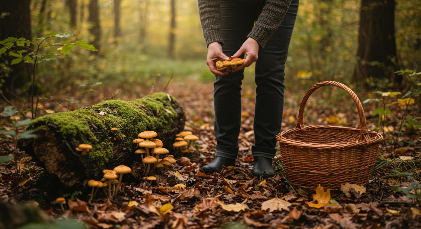 Cueilleur récoltant des champignons près d'un tronc moussu dans une forêt automnale.