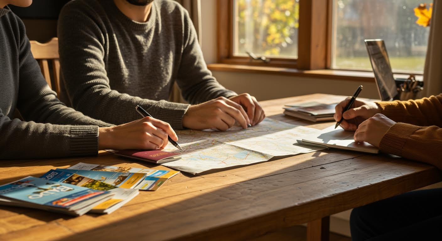Deux personnes planifiant un voyage à l'aide de cartes et de guides touristiques sur une table.