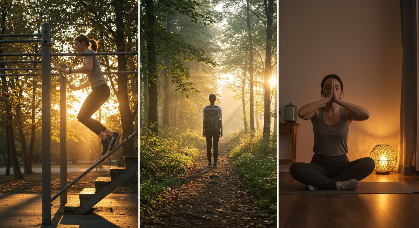 Trois activités de bien-être : entraînement urbain, randonnée forestière au lever du soleil, yoga en salle éclairée à la bougie.