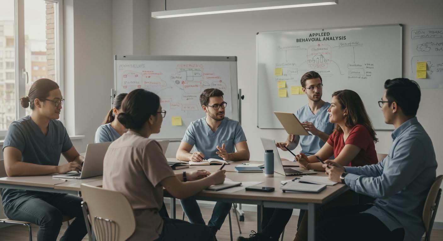 Groupe de professionnels divers dans une salle de classe moderne discutant de l'analyse comportementale.