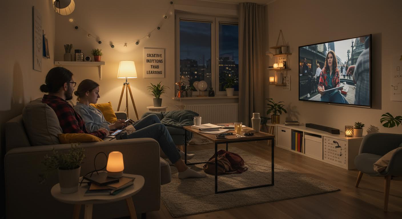 Salon moderne et accueillant avec des amis utilisant divers appareils numériques.