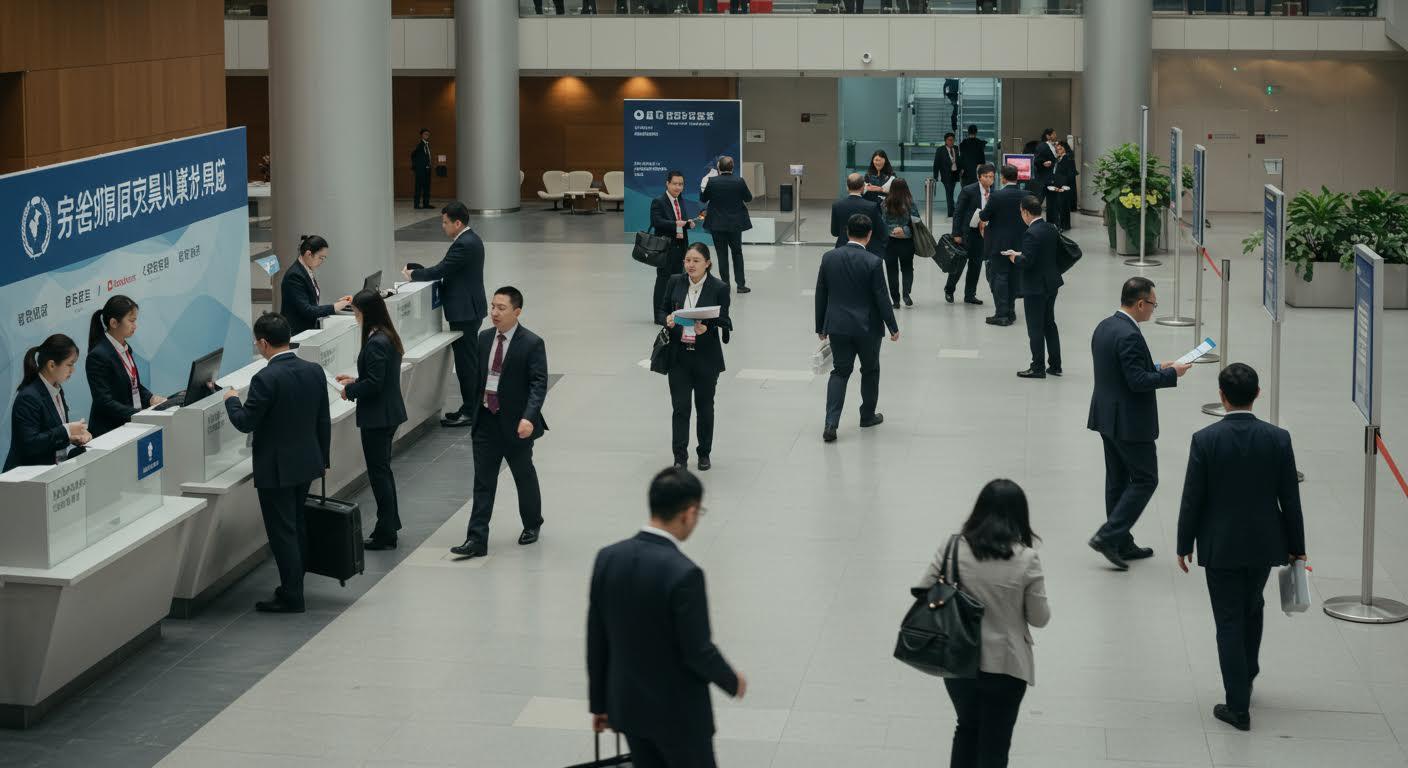 Professionnels en costumes s'enregistrant à des guichets lors d'un congrès d'affaires.