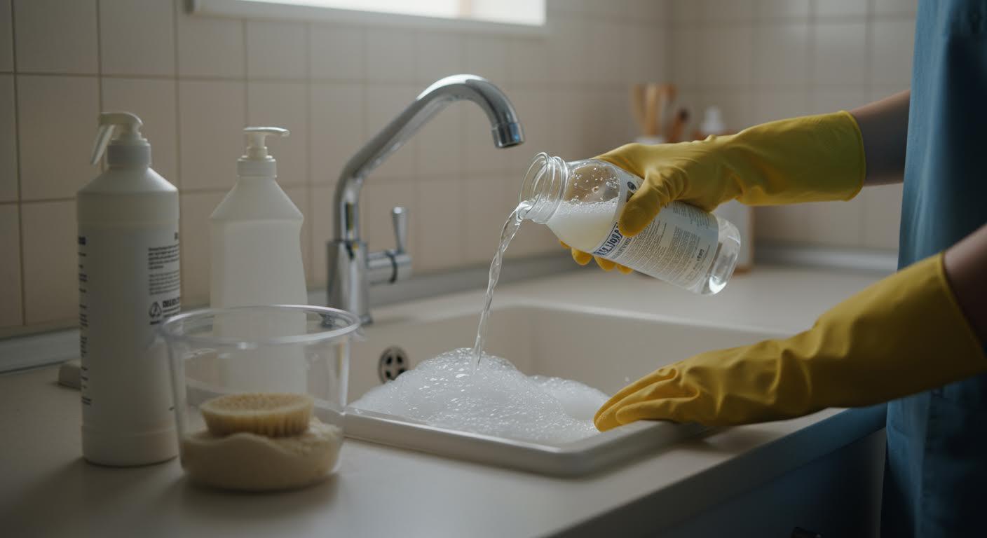 Mains gantées versant une solution nettoyante naturelle dans un évier moderne.