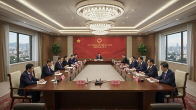 Réunion formelle de diplomates chinois autour d'une grande table dans un bureau luxueux.