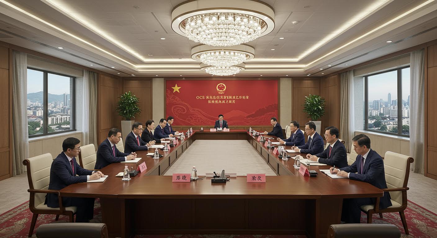 Réunion formelle de diplomates chinois autour d'une grande table dans un bureau luxueux.