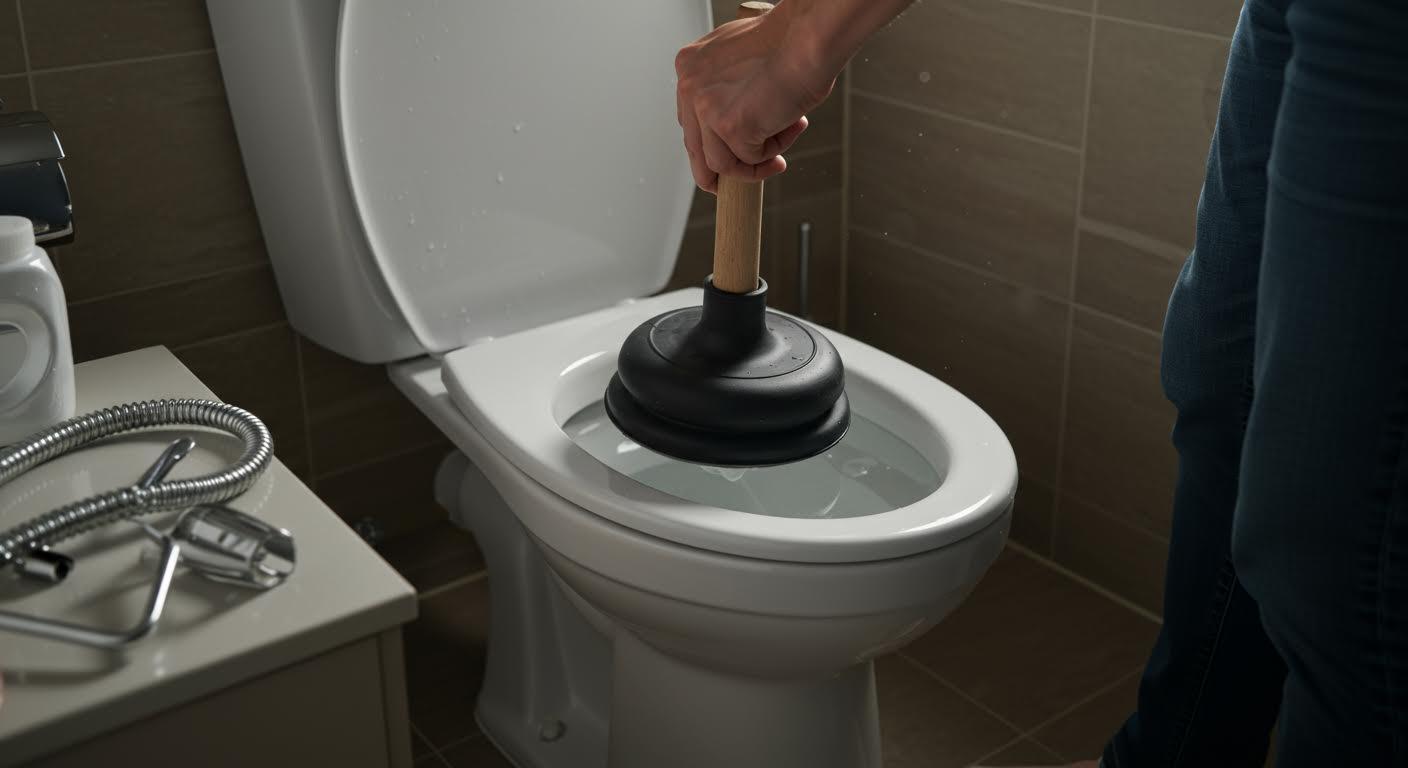 Personne utilisant un débouchoir dans un toilette moderne.