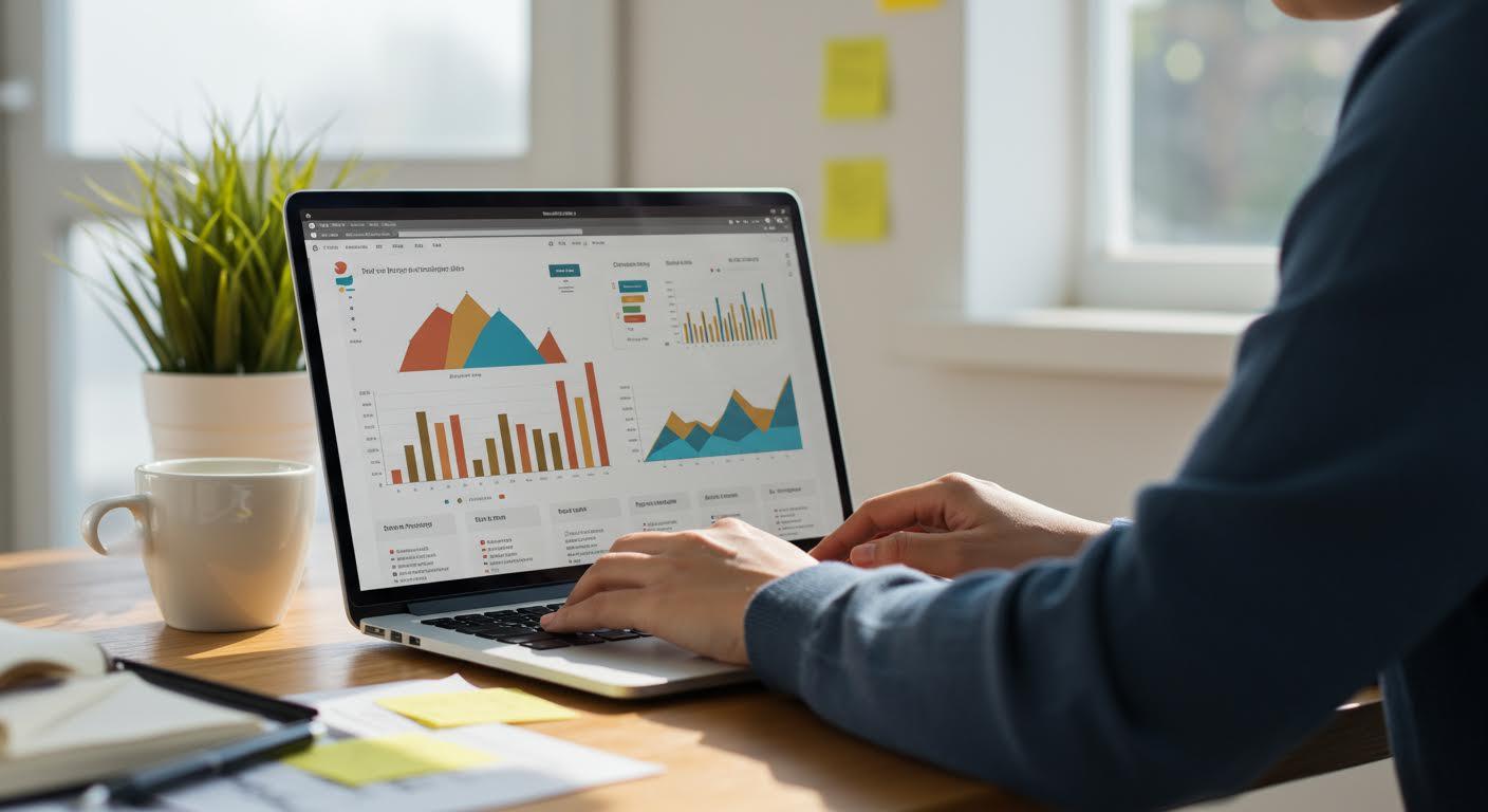 Entrepreneur numérique analysant des graphiques sur un ordinateur dans un bureau moderne.
