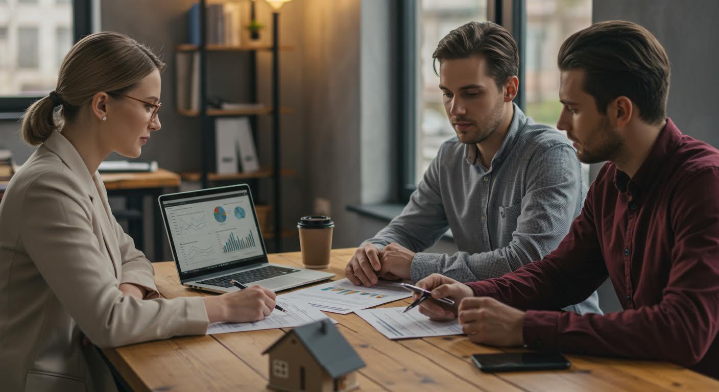 Trois professionnels analysent des données financières sur un ordinateur portable lors d'une réunion.