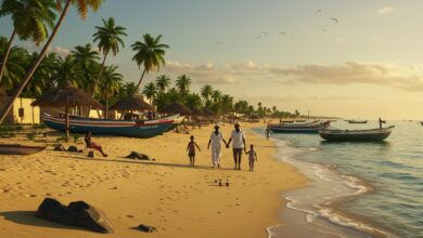 Famille marchant sur une plage tropicale au coucher du soleil, bateaux colorés en arrière-plan.
