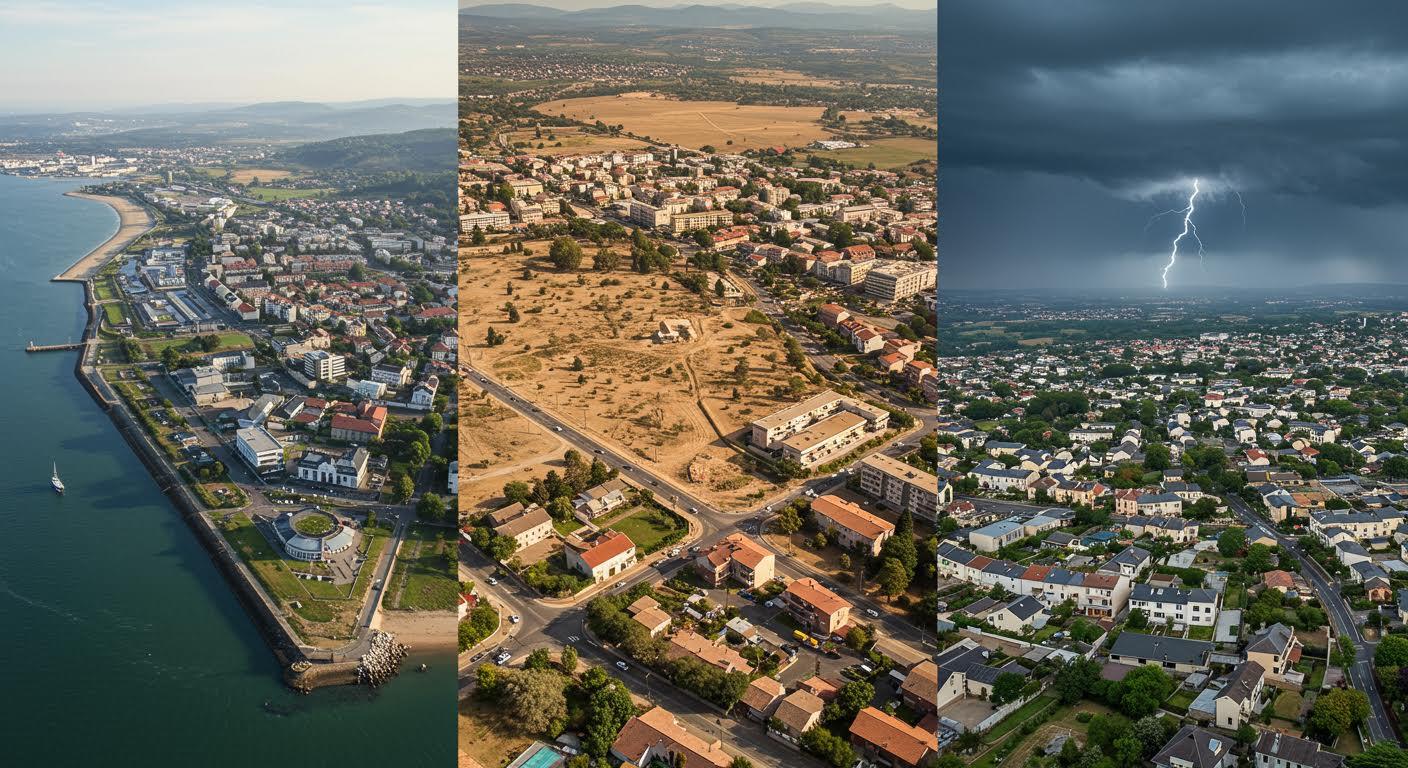 Vue aérienne de trois paysages français illustrant des défis climatiques.