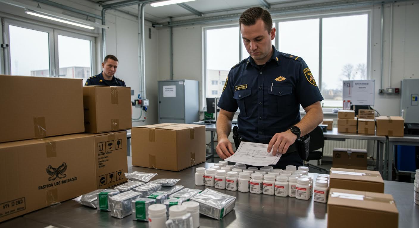 Agent des douanes examinant minutieusement des colis médicaux dans un espace lumineux.