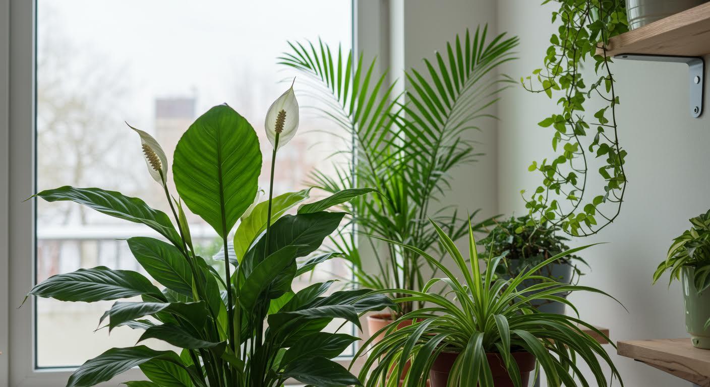 Intérieur lumineux et moderne avec plantes purifiant l'air, dont un lys de paix et un palmier areca.