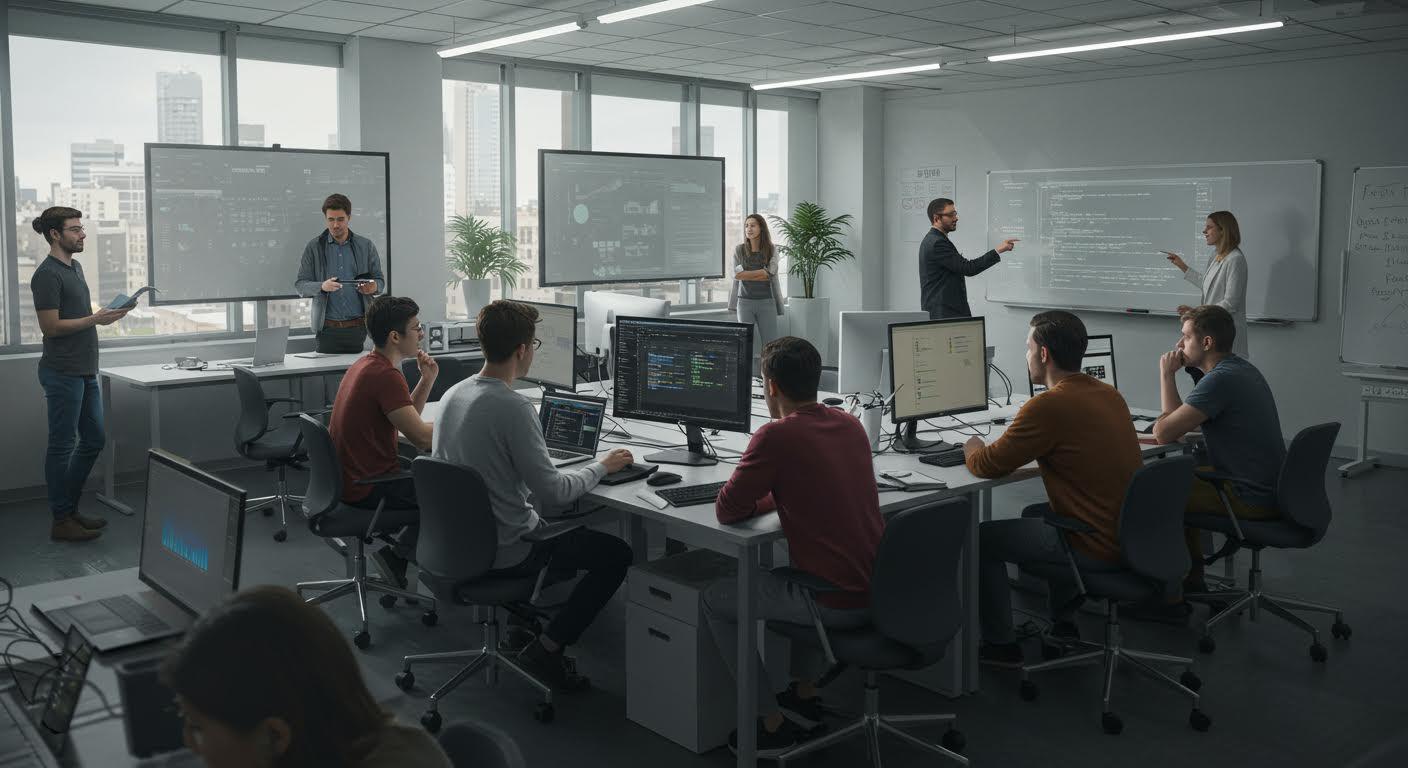 Étudiants et chercheurs divers collaborent dans un laboratoire informatique moderne.