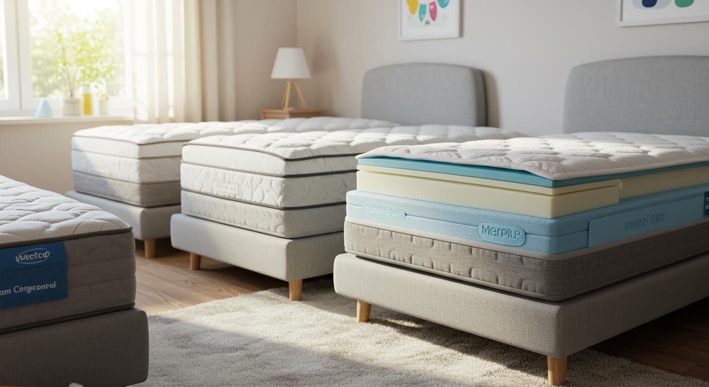 Trois matelas découpés en sections exposer leurs technologies de confort dans une chambre d'enfant lumineuse.