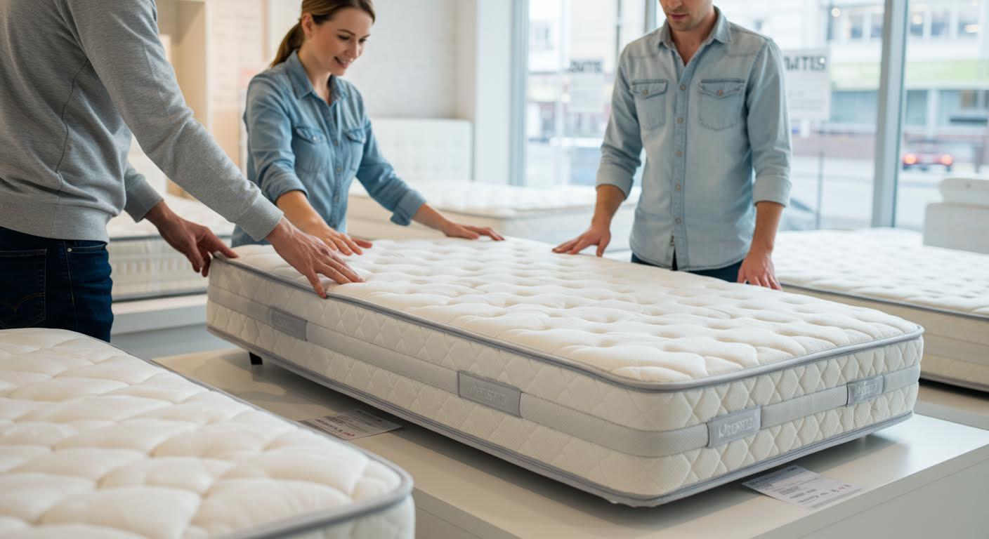 Assistant en magasin montrant un matelas pour enfant à un parent.