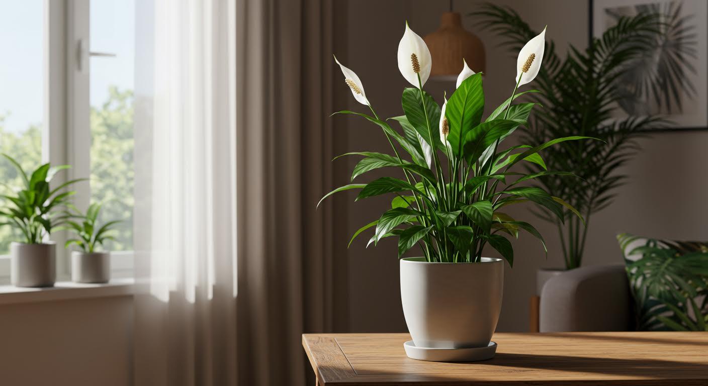 Spathiphyllum florissant dans un pot sur une table en bois près d'une fenêtre.