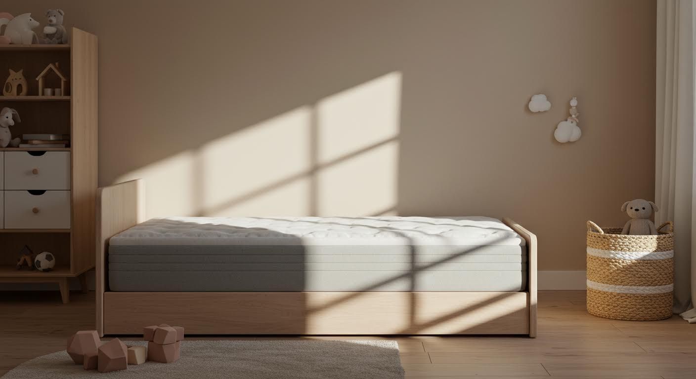 Chambre d'enfant éclairée naturellement avec lit moderne et matelas ergonomique.
