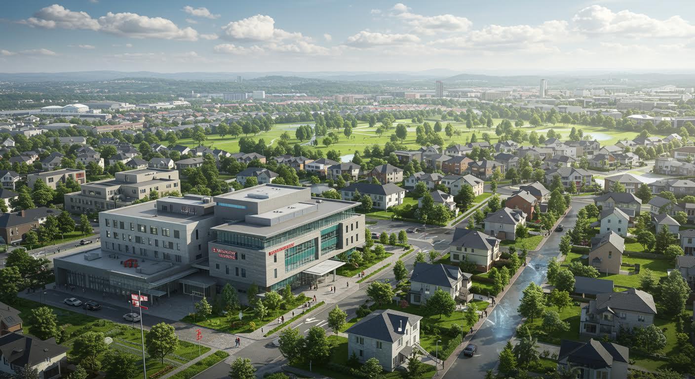 Quartier suburbain moderne axé sur la résilience climatique avec hôpital et parcs verts.