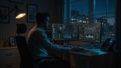 Informaticien concentré dans un bureau moderne analysant des données de cybersécurité.